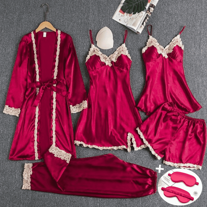 Kit Pijama Feminino Cetim de Seda Conjunto com 5 Peças + Mascara De Sono