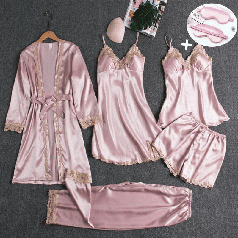Kit Pijama Feminino Cetim de Seda Conjunto com 5 Peças + Mascara De Sono