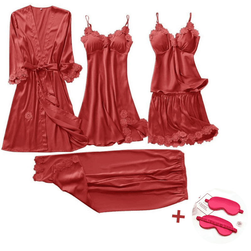 Kit Pijama Feminino Cetim de Seda Conjunto com 5 Peças + Mascara De Sono
