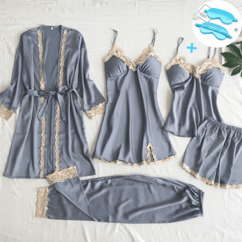 Kit Pijama Feminino Cetim de Seda Conjunto com 5 Peças + Mascara De Sono